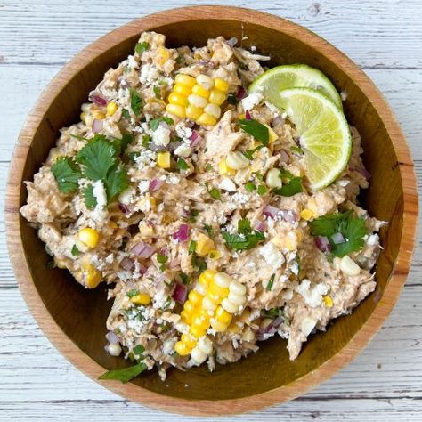 Mexican Street Corn Chicken Salad Mexican Street Corn Chicken Salad, Street Corn Chicken Salad, Corn Salad Dressing, Chicken Corn Salad, Mexican Street Corn Chicken, Street Corn Chicken, Street Chicken, Roasted Halibut, Cucumber Avocado Salad