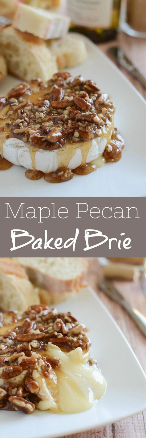 Maple Pecan Baked Brie - delicious melty brie topped with a maple, brown sugar, and pecan mixture. Serve with apple slices and graham crackers! Perfect holiday appetizer! Goat Brie Recipes, Pecan Brie, Brie Wheel, Pilsbury Recipes, Pecan Baked Brie, Impressive Appetizers, Butter Substitute, Brie Recipes, No Cook Appetizers