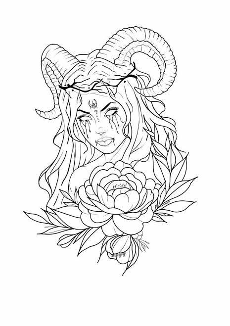 Capricorn Goddess Tattoos For Women, Aries Art Drawing, Aries Inspired Tattoo, Dark Goddess Tattoo, Lilith Tattoo Design, Lilith Drawing, Outline Drawing Tattoo, Aries Drawing, Lilith Tattoo Art