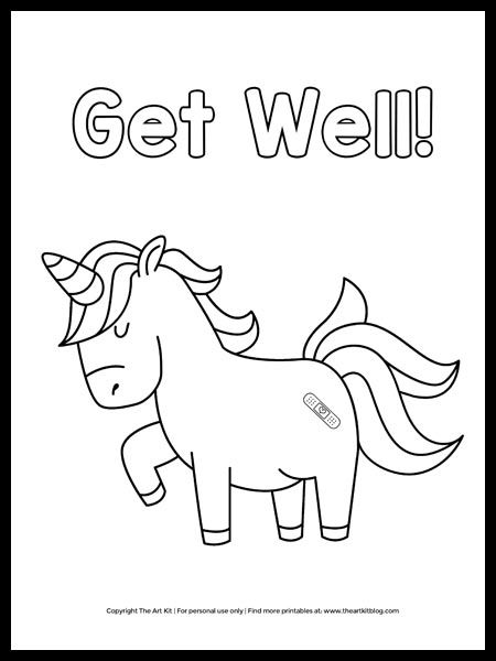 This cute unicorn is wishing you well! Feel better with this free unicorn get well coloring page. Free and easy to download today from The Art Kit! Feel Better Cards, Colouring Pages For Kids, Unicorn Coloring, Wish You Well, Unicorn Coloring Pages, Autumn Crafts, Get Well Cards, Get Well Soon, Free Printable Coloring