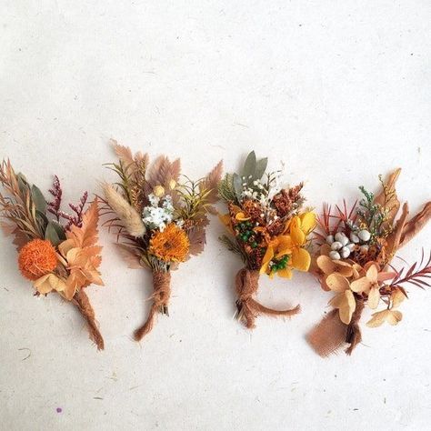 Autumn Weddings Uk, Rust Flowers Wedding, Dried Orange Flowers, Autumnal Flowers Wedding, Colourful Dried Flowers, Dried Orange Wedding Decor, Dried Flower Button Holes, Rust Wedding Bouquets, Autumn Buttonholes