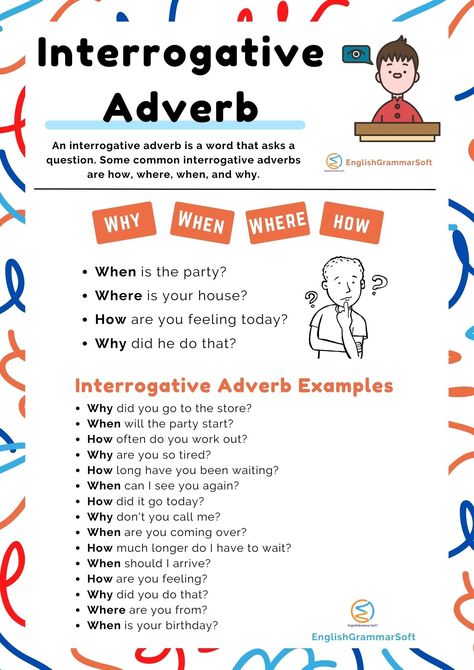 Interrogative Adverb Examples & List Interrogative Adverbs, Adverbs Sentences, Study English Language, Learning Phonics, English Language Learning Grammar, English Learning Spoken, English Teaching Resources, English Sentences, Learn English Grammar