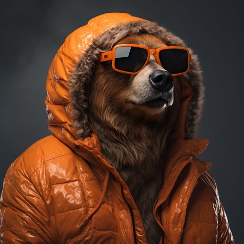 MP: grizzly bear wearing an orange hoodie and aviator sunglasses Bear With Sunglasses, Orange Hoodie, Grizzly Bear, Aviator Sunglasses, Sunglasses, Orange, Animals