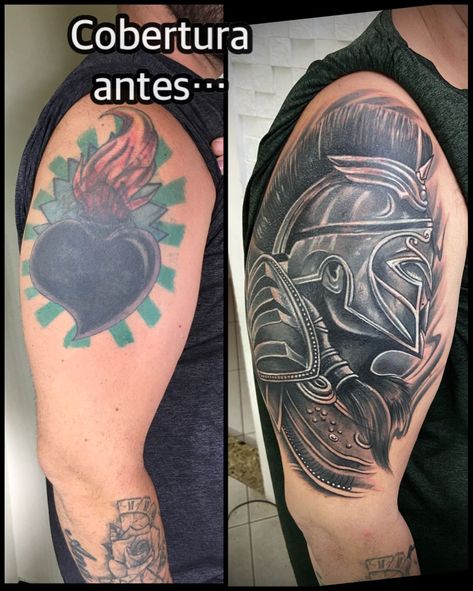 Spartan Tattoo Cover Up, Shoulder Cover Up Tattoos, Sparta Tattoo, Brazilian Tattoo, Men's Tattoos, Masculine Tattoos, Spartan Tattoo, Tattoo Cover Up, Classic Tattoo