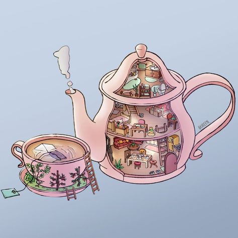 Behind the Scenes: Karieryn’s Teapot House - BlenderNation Teapot House, Teacup Gardens, House Cartoon, Indie Game, Isometric Illustration, House Illustration, Teapots And Cups, Freelance Artist, Milan Italy