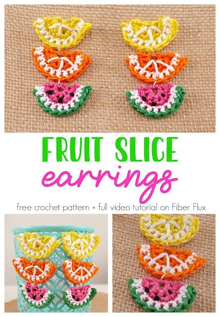 Fruit Slice Earrings, Free Crochet Pattern + Full Video Tutorial from Fiber Flux Fabric Stiffener, Crochet Fruit, Earrings Pattern, Fruit Slice, French Knot, Statement Earring, Glue Crafts, Diy Crafts Jewelry, Earring Patterns