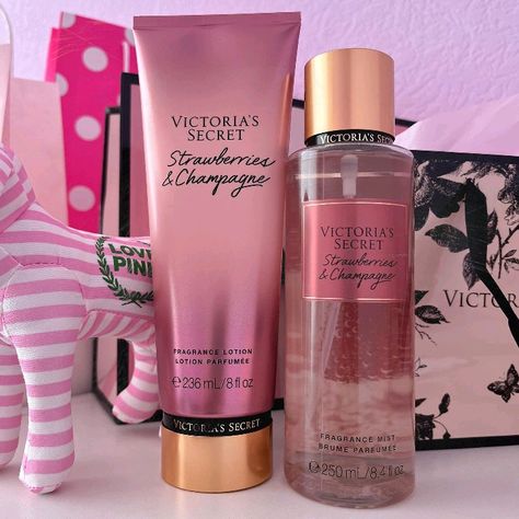 Vs Strawberry Set, Smell Good Victorias Secret, Strawberry And Champagne Victoria Secret, Victoria Secret Perfume Collection, Strawberry Perfume, Victoria’s Secret Perfume Aesthetic, Victorias Secret Perfume Set, Victoria Secret Perfume Body Spray, Victoria’s Secret Perfume Pure Seduction