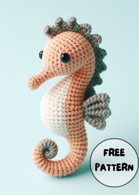 Crochet Seahorse Amigurumi Free Pattern #HandmadeCrochet, #CrochetInspiration, #CrochetLove Bass Crochet Pattern, Animal Crochet Patterns Free, Sea Animal Crochet, Crochet Dragonfly Pattern, Crochet Seahorse, Diy Crochet Animals, Animal Crochet Patterns, Amigurumi Elephant Pattern, Seahorse Pattern