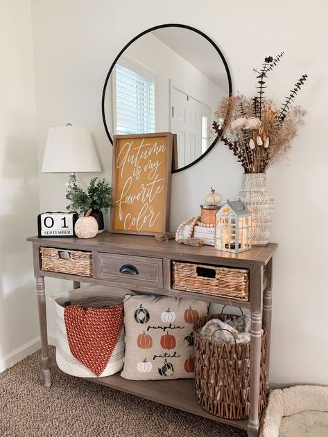 Fall entryway decor, Fall entry table decor, Fall entrance decor ideas Fall Entry Table Decor, Fall Entry Table, Foyer Table Decor, Entrance Table Decor, Table Fall Decor, Fall Entryway Decor, Fall Apartment Decor, Entry Table Decor, Fall Room Decor