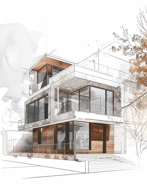 Latest 3d elevation design houseelevationArchitecturaldesign bestelevationdesign Modern architectural sketch of a multi-story house with large windows and wooden accents, surrounded by trees. | Sky Rye Design Interior Drawing Perspective, House Drawing Ideas, House With Large Windows, Drawing Ideas Simple, 3d Elevation Design, Minimalist Houses, Simple Sketches, Architecture Blueprints, 3d Elevation