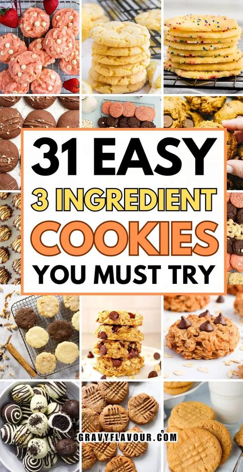 31 simple 3 ingredient cookies that will delight your taste buds. Perfect for quick baking, these cookies use minimal ingredients! Easy Wedding Cookies Simple, Baking Ideas Easy 3 Ingredients, Easy Bake Cookies 3 Ingredients, 3 Ingredient Dessert Recipes, Quick And Easy Cookie Recipes Simple, 3 Ingredient Desserts Easy, Easy Wedding Cookies, 3 Ingredient Recipes Dessert, 3ingredient Cookies