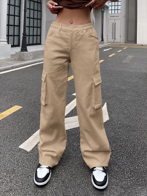 Khaki Casual Collar  Cotton Plain Cargo Pants Embellished Non-Stretch Spring/Summer/Fall Women Bottoms Tan Cargo Pants Women, Cargo Women Pants, Cargo Cacky Pants, Shien Cargo Pants, Begie Cargo Pants, Cargo Pants Kakhi, Soft Cargo Pants, Baggy Pants Shein, Cargoes For Women