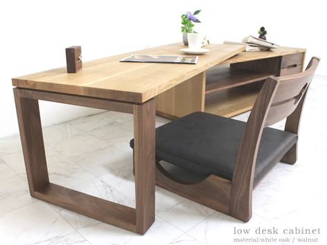 Low Desk Wood Desk Ideas, Low Desk, Desk Cabinets, Natural Wood Desk, Floor Desk, Desk Study, Desk Cabinet, Desk Wood, Tv Board