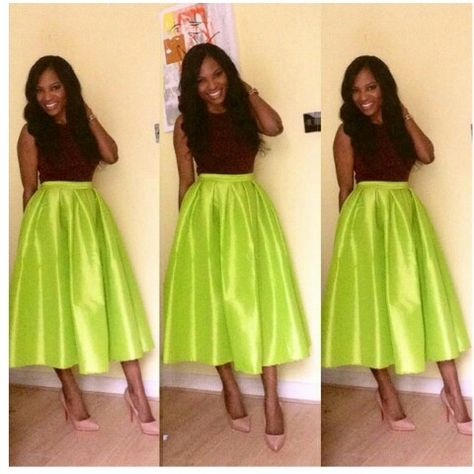 Lime green midi skirt Green Midi Skirt Outfit, Neon Green Top, Green Midi Skirt, Green Tops, African Print Dresses, Black Skirt, Neon Green, Forest Green, Skirt Outfits