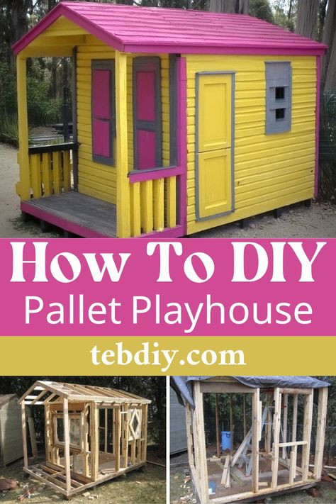 How To DIY Beautiful Pallet Playhouse Playhouse Pallets Diy, Diy Kid Playhouse Outdoor, Playhouse Designs Diy, Shed Into Playhouse, Diy Wood Playhouse, Diy Playhouse Outdoor Cheap, Playhouse Out Of Pallets, Palette Playhouse, Pallet Playhouse Diy Easy