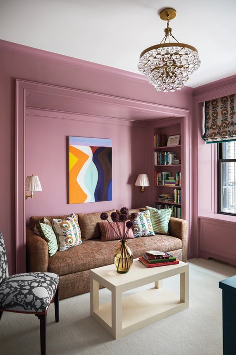 Cinder Rose Farrow And Ball, Cinder Rose, Katie Ridder, White Glass Chandelier, Upholstered Banquette, Manhattan Apartment, Fabric Photography, Farrow And Ball Paint, Architecture Home