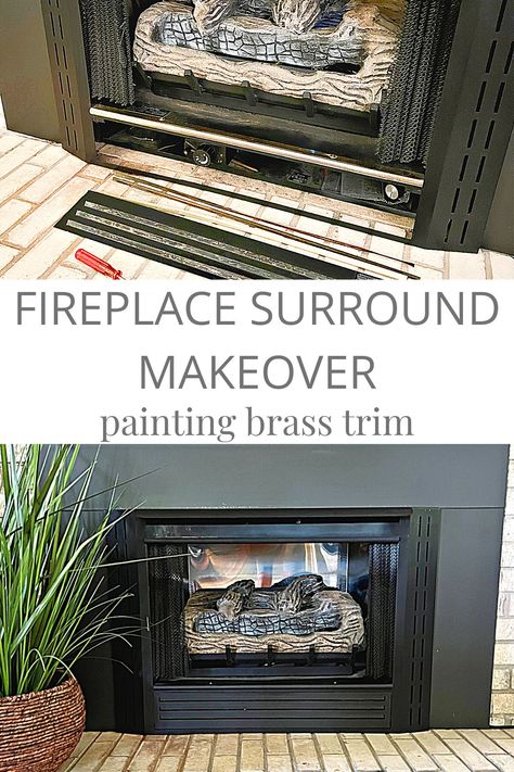 Removing Fireplace, Fireplace Surround Makeover, Brass Fireplace Makeover, High Heat Spray Paint, Fireplace Box, Fireplace Vent, Fireplace Trim, Brass Fireplace, Metal Fireplace