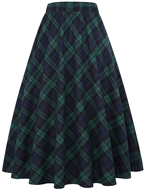 IDEALSANXUN Women’s Plaid Skirt Elastic Waist A-line Midi Pleated Skirts (Large, Green) at Amazon Women’s Clothing store Maxi Skirt With Pockets, Long Plaid Skirt, Plaid Wool Skirt, Long Skirt Outfits, Full Length Skirts, Fall Plaid, Pleated Skirts, Winter Skirt, Skirt With Pockets