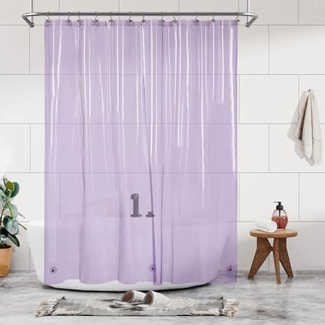 Shower Curtain Liner - Premium Clear Lavender PEVA Shower Liner with 3 Magnets and Metal Grommets, Waterproof Lightweight Standard Size Shower Curtains for Bathroom - Translucent Lavender : Amazon.co.uk: Home & Kitchen Clear Shower Curtain Ideas, Unique Apartment Ideas, Pastel Goth Bathroom, Lavender Shower Curtain, Redo Bathroom, Clear Shower Curtain, Bathroom 2024, Purple Bathroom, Curtains For Bathroom