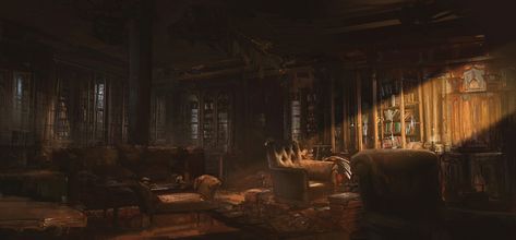 Abandoned Lounge Room, Donglu Yu on ArtStation at https://www.artstation.com/artwork/5rLL8 Fantasy Office Room Concept Art, Victorian Office Room, Fantasy Lounge, Detectives Office, Victorian Office, Victorian Vibes, Speakeasy Decor, Cinematography Composition, Victorian Bar