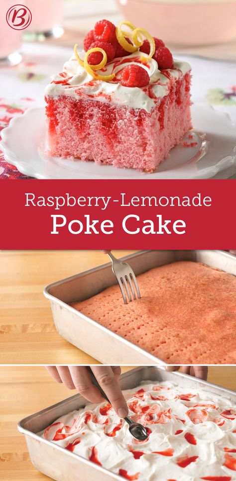 Betty created the poke cake, a cake that's poked after baking so the topping forms pockets of wonderfulness. Try this delicious citrus-raspberry combo for your next get-together! Strawberry Poke Cake Recipe, Raspberry Lemonade Cake, Turn Overs, Strawberry Poke Cake, Restaurant Desserts, Poke Cake Recipe, Baked Desserts, Yummy Deserts, Poke Cake Recipes