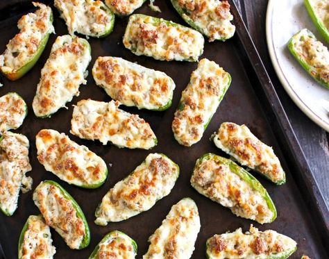 Sausage Jalapeño Poppers Jalapeno Poppers With Sausage, Recipes Jalapeno, Sausage Stuffed Jalapenos, Jalapeno Appetizer, Cream Cheese Jalapeno Poppers, Jalapeno Popper Recipes, Party Bites, Jalapeño Poppers, Poppers Recipe