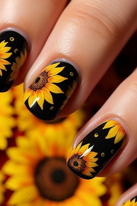 Sun-soaked Elegance: Try Sunflower Nail Styles Fall Nail Sunflower, Sunflower Gel Nails Ideas, Sun Flower Nails Ideas, Nail Ideas With Sunflowers, Black Nails Sunflower, Sun Flower Nail Art Designs, How To Do Sunflower Nail Art, Square Sunflower Nails, Sunflower Nail Designs Acrylic