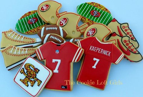 Sf 49ers Sugar Cookies, 49er Cookies, 49ers Cookies, San Francisco 49ers Cake, 49ers Birthday Party, 49ers Birthday, 49ers Party, Football Game Snacks, Football Sugar Cookies