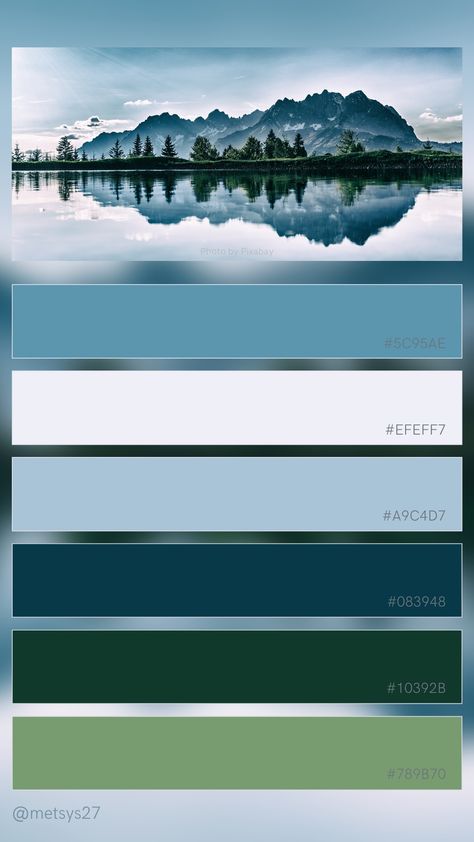 { #colorpalette #colors #designers #forest #lake #landscape } Sea And Forest Color Palette, Lake Colour Palette, Lakehouse Colour Palette, Mountain Lake Color Palette, Fishing Color Palette, Greens And Blues Palette, Alaska Color Palette, Navy Blue Complimentary Colors, Catamaran Houseboat