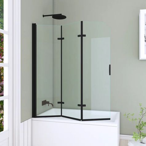 Hypertaire 51" W x 59"H Folding Tub Door Bathtub Screen with Clear Glass & Reviews | Wayfair Black Tub Door, Shower Tub Combo Glass Door, Tub Door Ideas, Bathtub Door Ideas, Glass Shower With Tub, Tub Glass Door Ideas, Bathroom Tub Doors, Clawfoot Tub Shower Combo, Glass Tub Enclosure