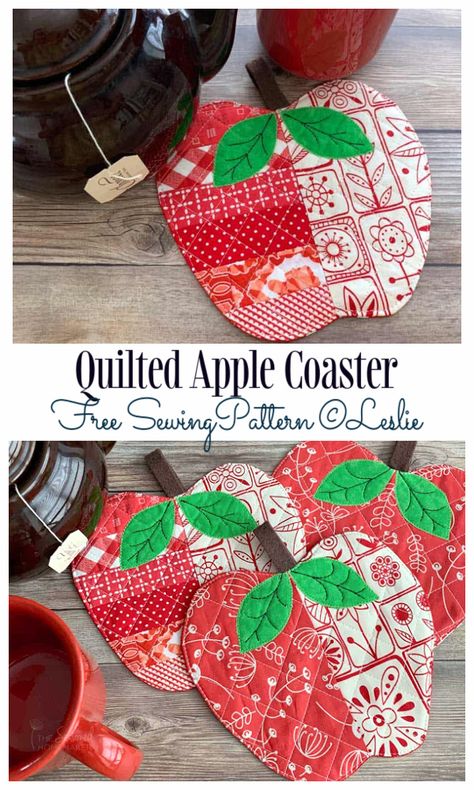 DIY Quilted Apple Coasters Free Sewing Patterns | Fabric Art DIY Apple Coasters Fabric, Apple Sewing Pattern, Apple Diy Craft, Mug Rugs Patterns Free How To Make, Coasters Diy Fabric, Apple Crafts For Adults, Apple Sewing, Sewing Coasters, Apple Coaster