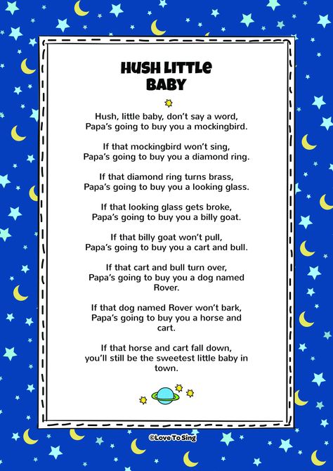 Download this popular kids video song "Hush Little Baby" With FREE lyrics and fun activities. Childhood Songs, Children Rhymes, Lullaby Lyrics, Free Song Lyrics, Rhymes Lyrics, Bedtime Songs, Nursery Rhymes Lyrics, Lullaby Songs, Free Lyrics