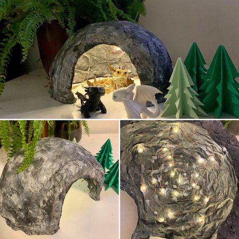 How To Make A Cave Out Of Paper, Httyd Decorations, Dragon Diorama, How To Train Your Dragon Classroom, Dragon Lair Decorations, Cave Diorama Boxes, Playset Diy, Paper Mache Dragon, Dragon Lair