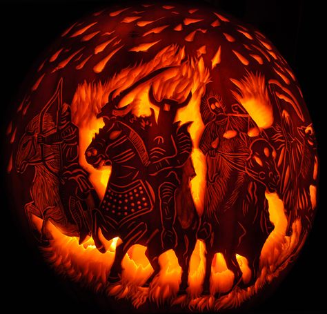 Viking Pumpkin Carving, Advanced Pumpkin Carving Ideas, Fantasy Pumpkin Carving, Acotar Pumpkin Carving, Gnome Pumpkin Carving, Knight Chess, Pumpkin Inspiration, Pumpkin Carving Contest, Horsemen Of The Apocalypse