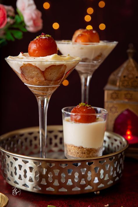 Gulab Jamun Cheesecake (instant, no bake) | J Cooking Odyssey Gulab Jamun Cheesecake, Shot Glass Desserts, Instant Dessert, Individual Cheesecakes, Cheesecake In A Jar, Eggless Desserts, Diwali Sweets, Gulab Jamun, Diwali Party