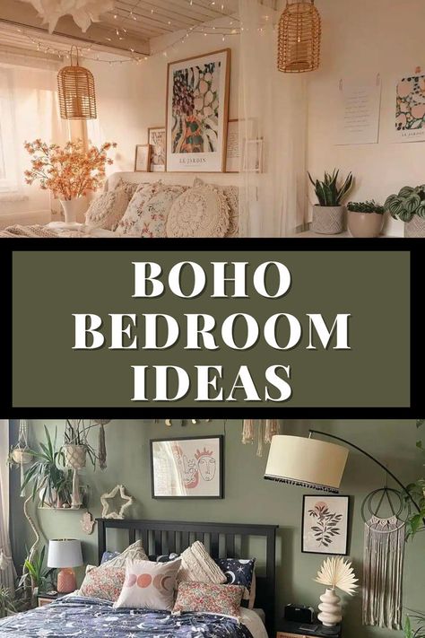 Transform your bedroom into a stylish escape with 17 boho-inspired ideas that embrace the essence of an ultra-relaxed space. Click now to unlock the secrets of bohemian chic and follow us for continuous inspiration to design a bedroom that reflects your free-spirited style. Cute Bohemian Bedrooms, Boho Chic Bedroom Ideas Modern, Bohemian Daybed Room Ideas, Boho Glam Style, Oasis Bedroom Ideas, Hobo Bedroom Ideas Bohemian, Boho Glam Bedroom Decor, Diy Boho Headboard Ideas, Boho Headboard Ideas