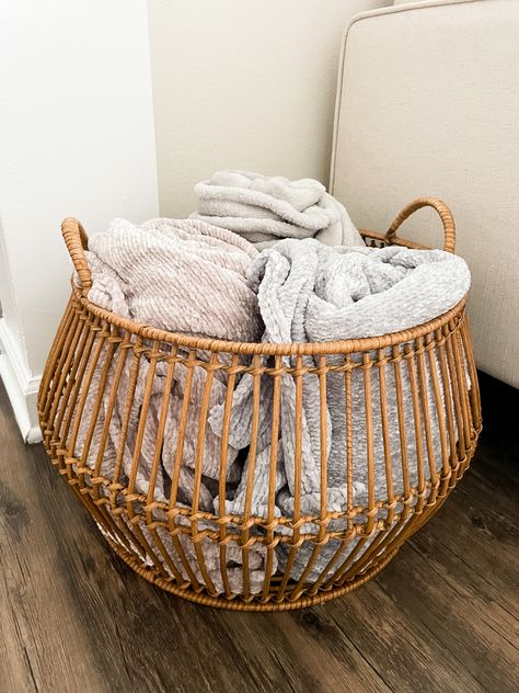 Basket, target, wood, blankets, neutral Woven Basket With Blankets, Boho Blanket Basket, Woven Room Decor, Cozy Blanket Basket, Woven Blanket Basket, Wicker Basket Blanket Storage, Wicker Basket For Blankets, Basket For Blankets Bedrooms, Living Room Storage Baskets