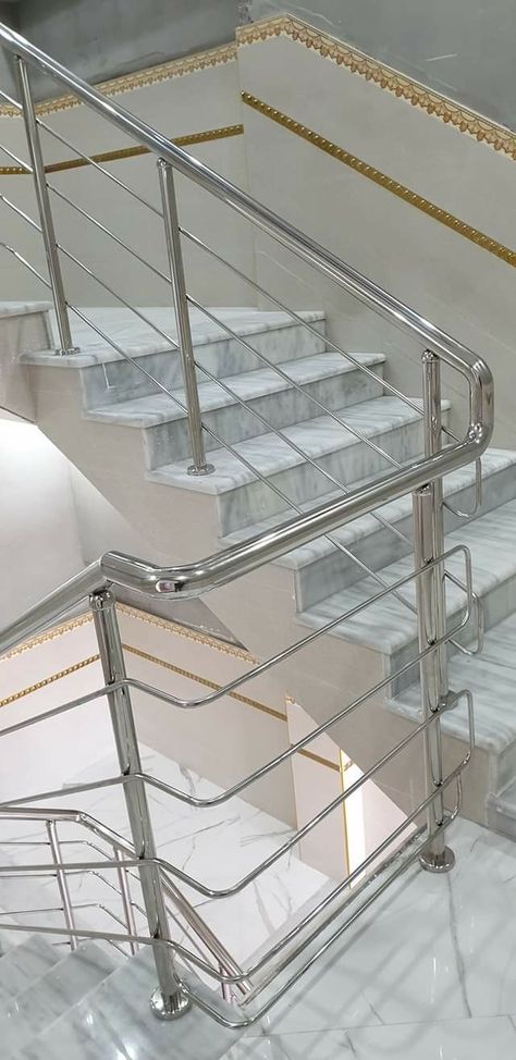 Staircase Design Steel Stair Railing, Steel Railing Design Stairways, Stainless Steel Stair Railing, Steel Stair Railing, Spiral Stairs Design, Steel Railing Design, Marble Flooring Design, Flush Door Design, Steel Furniture Design