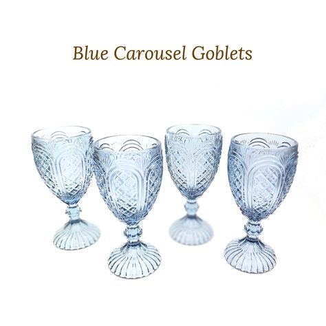 Goblet rentals by Delicate Dishes — Delicate Dishes Blue Glass Goblets, Blue Goblets Wedding, Pink Goblets, Blue Water Goblets, Blue Carousel, Colored Goblets, Amber Goblets, Green Goblets, Blue Goblets