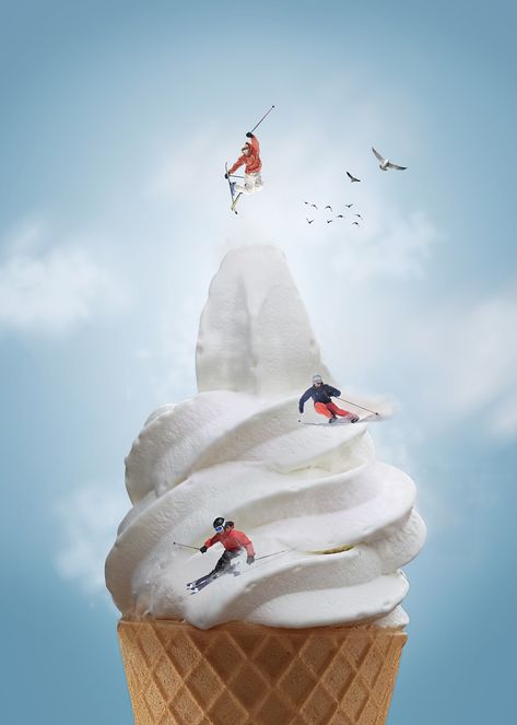 ICE CREAM SKI RESORT Ice Cream Surrealism, Montage Graphic Design, Ski Collage, Ice Cream Collage, Ice Cream Mountain, Collage Advertisement, What Is A Metaphor, Creative Ice Cream, Ice Cream Graphic