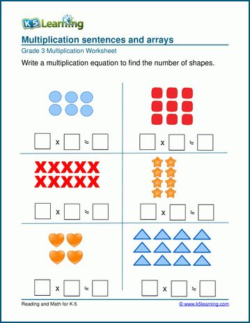 Multiplication sentences & arrays | K5 Learning K5 Learning Worksheets, Free Multiplication Worksheets, Multiplication Arrays, Number Sentences, Learning Multiplication, Cursive Writing Worksheets, Multiplication Worksheets, Learning Worksheets, Math Time