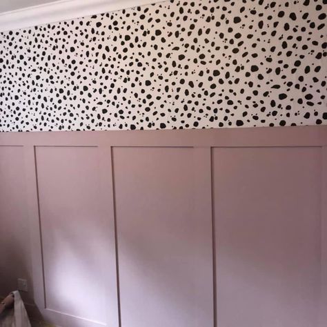 Polka Dot Wallpaper Bedroom, Girls Bedroom Panelling, Spotted Wallpaper Bedroom, Spotty Wallpaper Bedroom, Dalmation Print Bedroom, Pink Dalmation Bedroom, Dalmatian Print Bedroom, Girls Dalmation Bedroom, Dalmation Wall