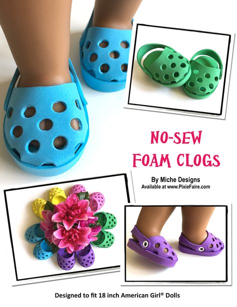 No-Sew Foam Clogs 18" Doll Shoes Muñeca Baby Alive, Shoe Patterns, American Girl Doll Shoes, Doll Shoe Patterns, Куклы American Girl, American Girl Doll Diy, American Girl Accessories, American Girl Doll Crafts, American Girl Doll Accessories