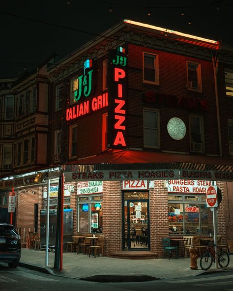 J & J Pizza vintage sign at night, Philadelphia, Pennsylvania Philadelphia Pennsylvania Aesthetic, Philadelphia Aesthetic, Philadelphia Restaurants, Philadelphia Usa, Hotel Motel, Posters Framed, Philadelphia Pennsylvania, Side Jobs, Beautiful City