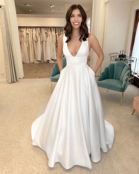 @thebridalstudioutah posted to Instagram: ⚪the Riley gown by @katemcdonaldbridal is perfect for our modern babes who want to keep it simple, but still fashion-forward.⚪ Available at The Bridal Studio in Salt Lake City, Utah Satin V Cut Wedding Dress, V Neck Classic Wedding Dress, Minimalist Wedding Dresses Plunge, Plunge Satin Wedding Dress, Silk Tank Top Wedding Dress, Wedding Dress For Big Busted Women, Classic V Neck Wedding Dress, Satin Deep V Wedding Dress, Silk Wedding Dress V Neck