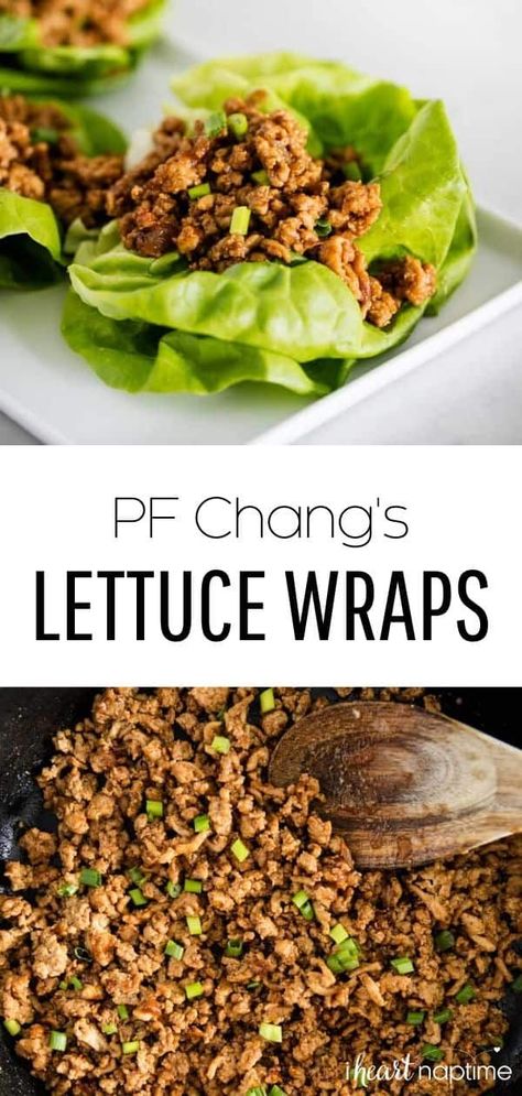 These copycat PF Chang's lettuce wraps taste just like the real deal! Make this easy takeout recipe in just 20 minutes in the comfort of your own home. #pfchangs #lettuce #lettucewraps #chicken #groundchicken #chickenrecipes #copycat #takeout #chinese #chinesefood #recipes #iheartnaptime Pf Changs Chicken Lettuce Wraps 12 Tomatoes, Pf Chang Lettuce Wraps Copycat, Chicken Wraps Pf Changs, Healthy Pf Changs Chicken Lettuce Wraps, Turkey Lettuce Wraps Pf Changs, This Chicken Lettuce Wraps, Of Changes Chicken Lettuce Wraps, Lettuce Wraps Pf Changes, Lettuce Wraps Pf Change