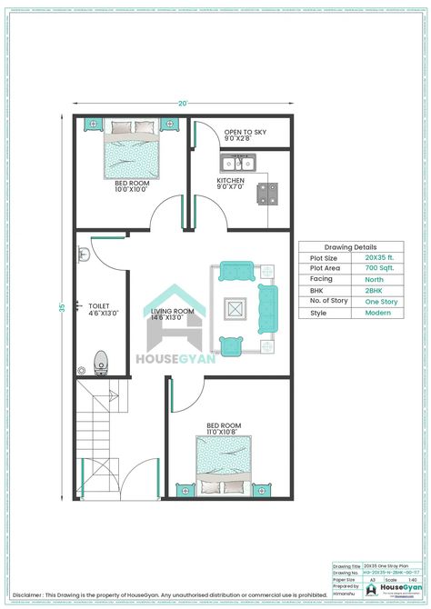 20X35 North Facing 2BHK Ground Floor House Plan | 700 Sqft Plot Floor Plan 20x35 House Plans, Ground Floor House, Modern Ranch Style Homes, Price Calculator, Modern Layout, Modern Ranch, Plan Drawing, Ranch Style Home, House Drawing