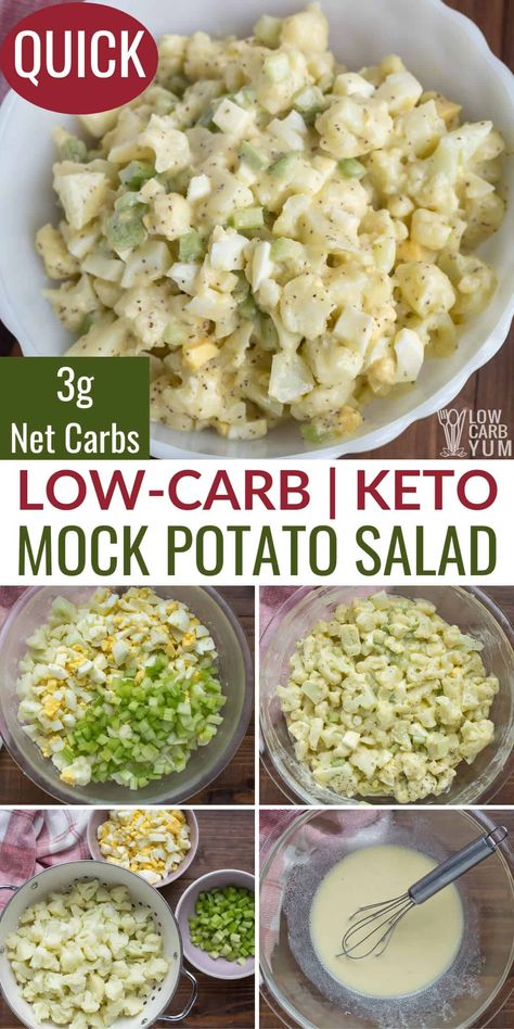 A mock low carb potato salad is the perfect summer dish for a potluck. This keto cauliflower salad has the taste you love without the carbs. Keto Cauliflower Salad, Mock Potato Salad, Low Carb Potatoes, Bacon Potato Salad, Low Carb Low Fat Recipes, Boiled Egg Diet Plan, Low Carb Salad, Recipes Beef, Cauliflower Salad