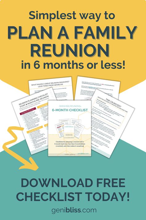 yellow shape points down and teal shape points up with product image where they touch. Words say Simplest way to plan a family reunion in 6 months or less! Download free checklist today! Family Reunion To Do List, Family Reunion Planning Checklist, Reunion Checklist, Planner Worksheets, Family Reunion Ideas, Free Family Printables, Thanksgiving Style, Planning Events, Tree Printable