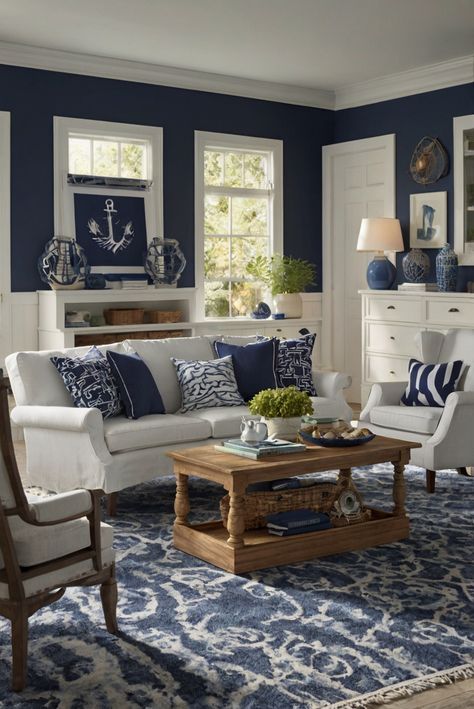 Step into 2024 with the hottest trend: Nautical Vibes. Discover how naval and coastal accents are taking center stage. #ad     #Colortrend #wallpaint2024  #color2024  #DIYpainting  ##DIYhomedecor  #Fixhome Nautical Decor Living Room, White Outdoor Furniture, Solid Wood Kitchen Cabinets, Blue And White Pillows, Nautical Bedroom, Themed Kids Room, Gorgeous Bedrooms, Family Room Decorating, Ship Lap Walls